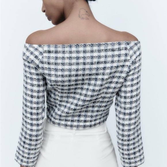Zara Blue and White Tweed Off-Shoulder Crop Top - Small - Picture 2 of 9